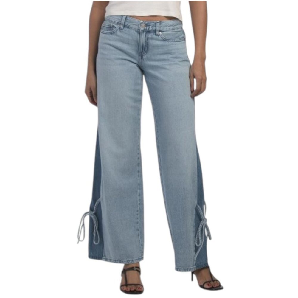 REWASH Two Tone Wide Leg Jeans With Tie Details